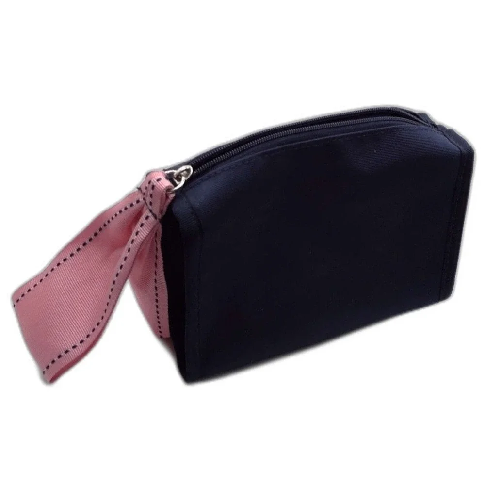 Oscar de la Renta Navy Blue Cosmetic Bag Pink Ribbon Zipper Pull Makeup‎ Pouch